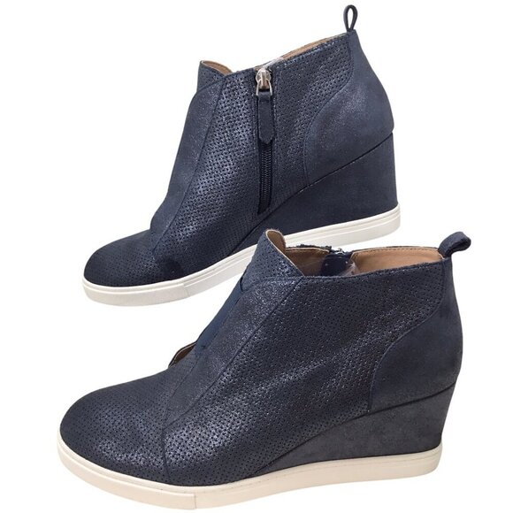 Linea Paolo Wedge Sneakers Platform Boots Booties Blue Metallic Side Zip Sz 12 - Picture 2 of 11